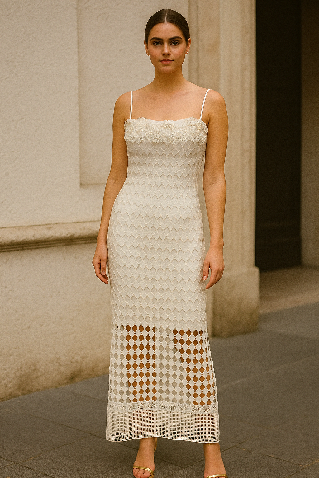 Ivory Net Long Dress with Slit