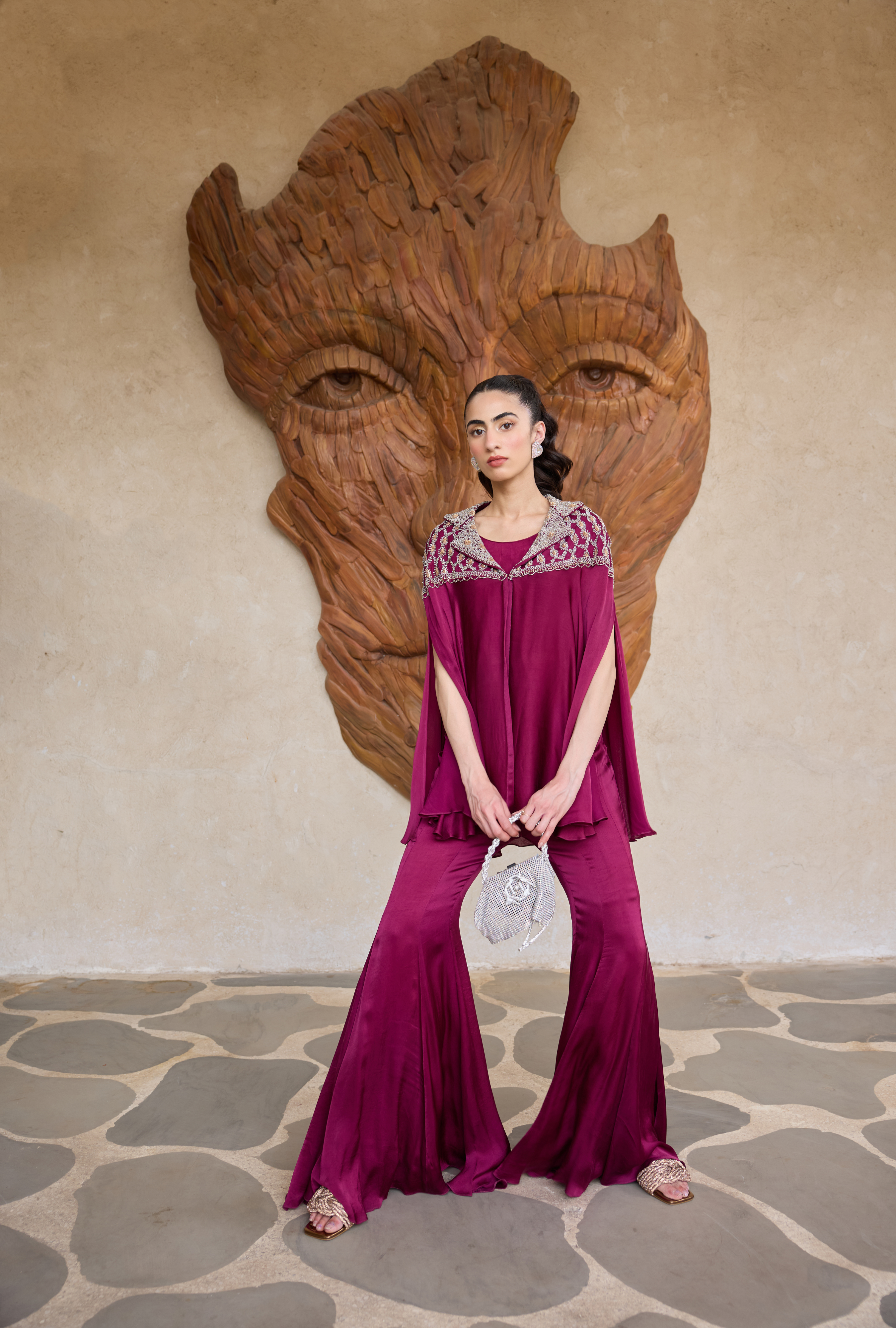 Embroidered cape-style top and flared pants in luxe georgette