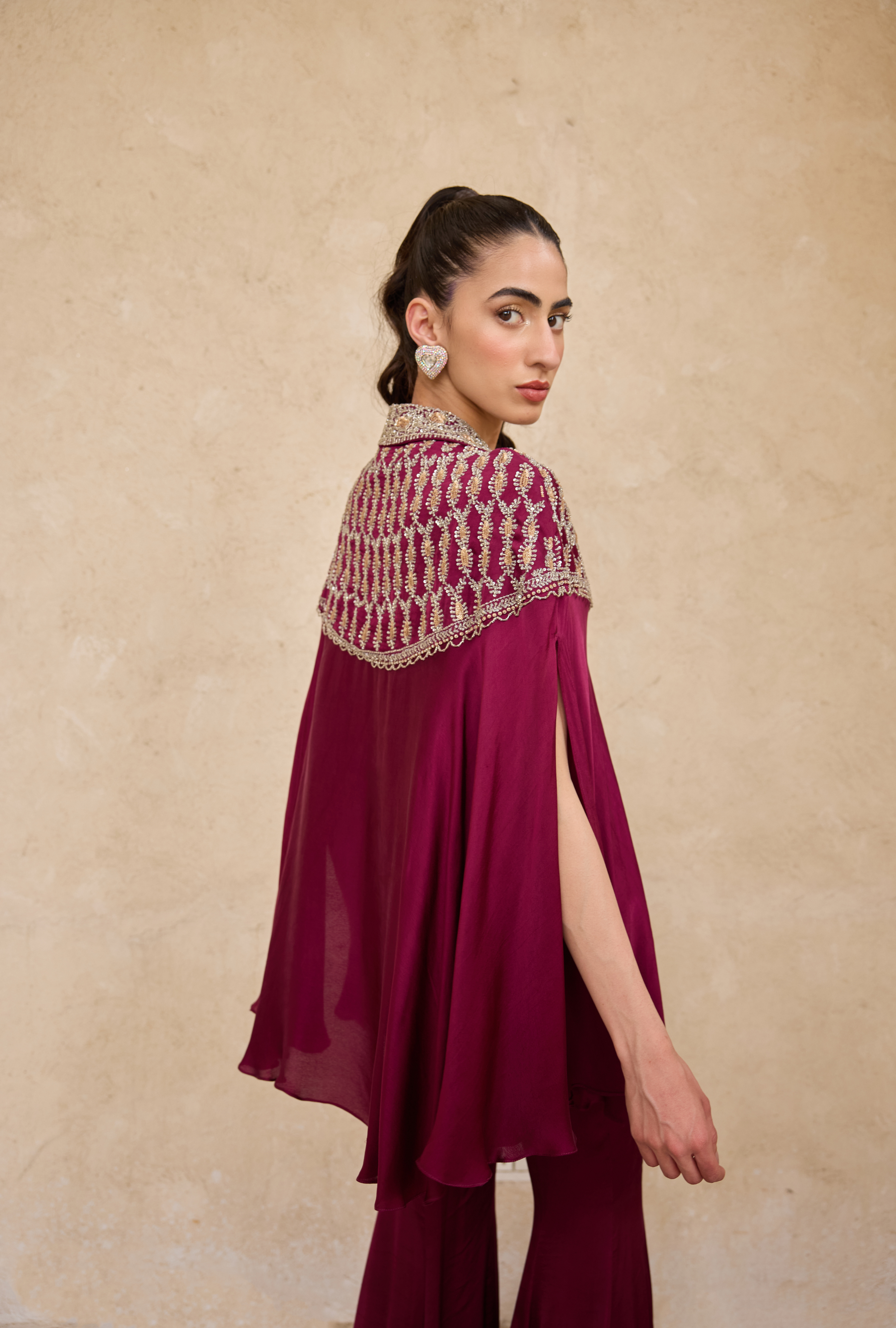 Embroidered cape-style top and flared pants in luxe georgette