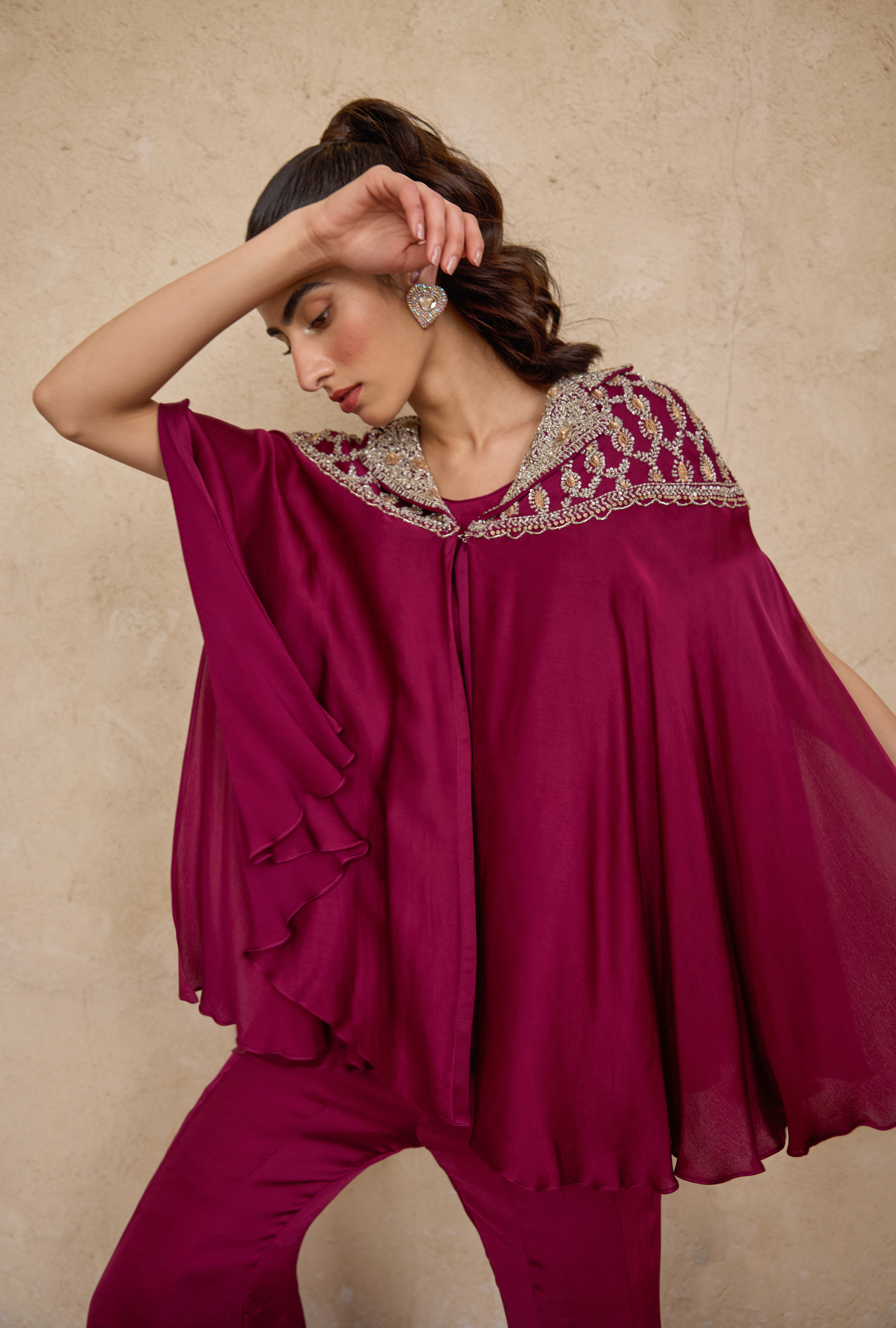 Purple cape coord set with embellished neckline in satin georgette