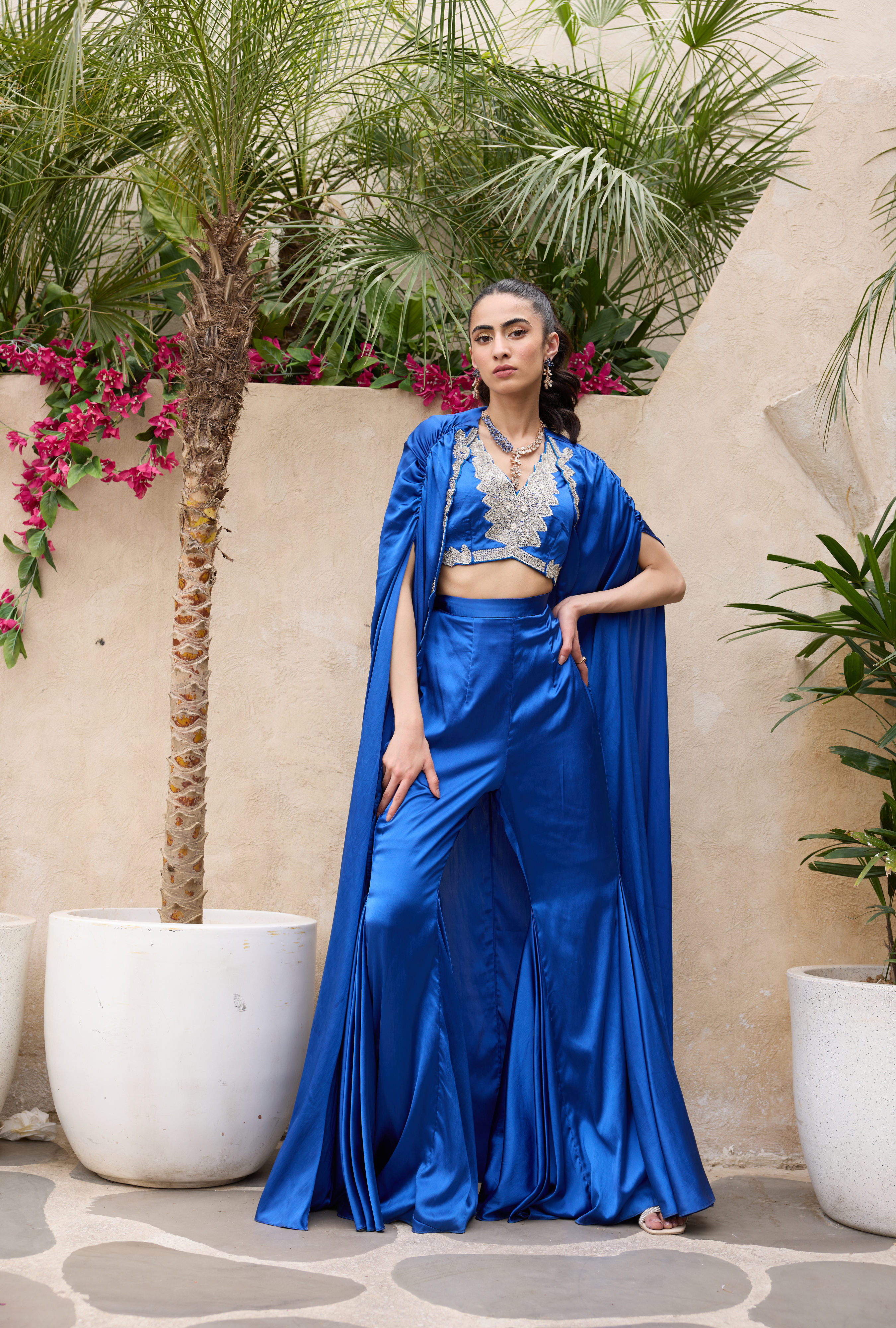 Royal blue satin coord set with embellished V-neck crop top