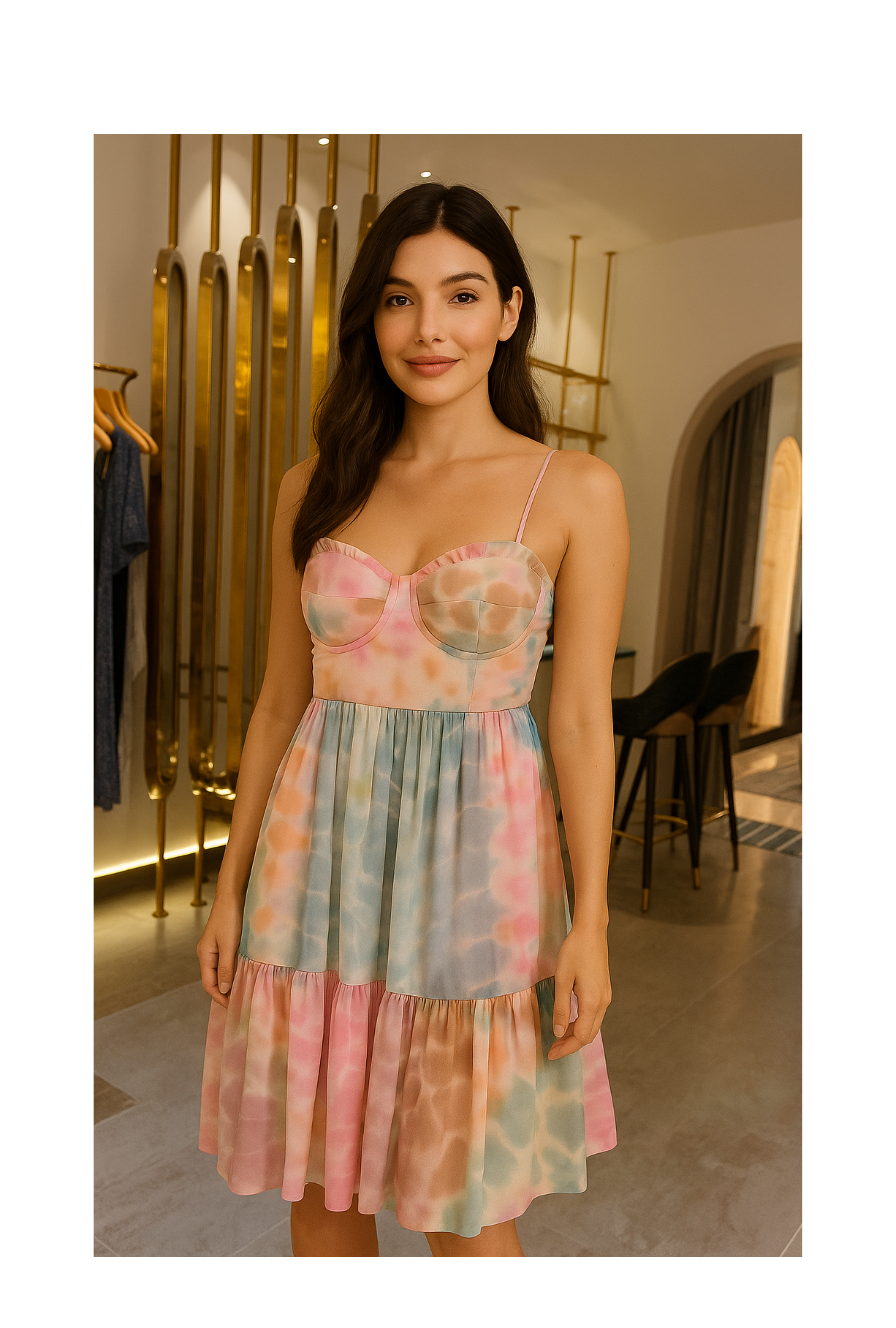 Model wearing a georgette pastel bustier mini dress with tie-dye pattern and spaghetti straps,