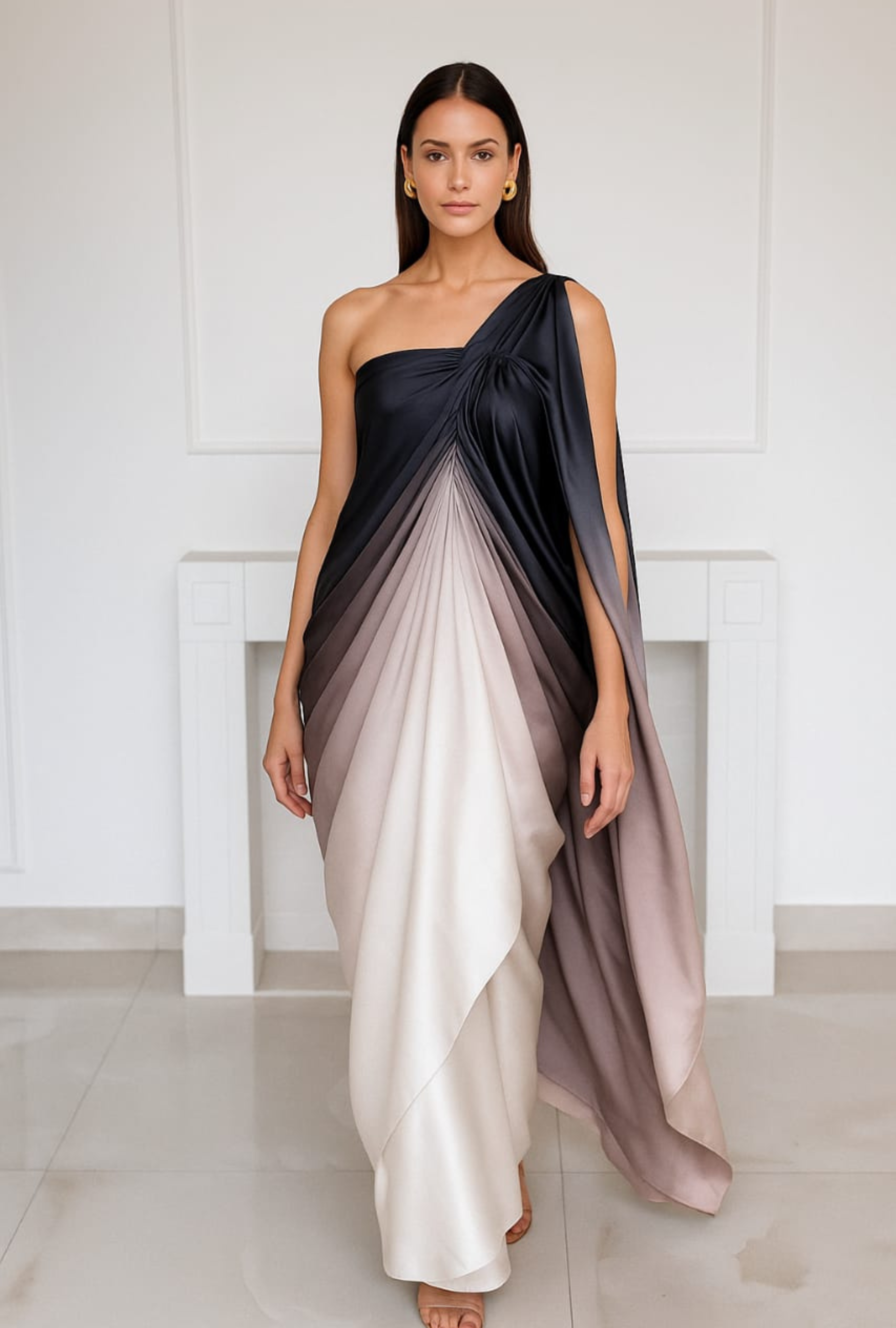 Model wearing an ombre black to ivory one-shoulder draped gown – Prisella elegant occasionwear