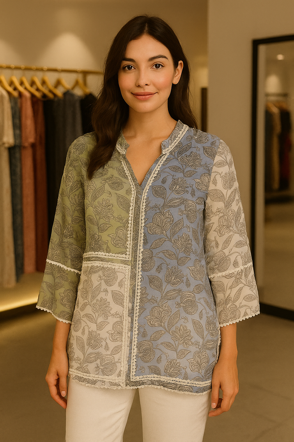 Woman wearing a pastel green, blue, and cream floral printed georgette shirt by Prisella
