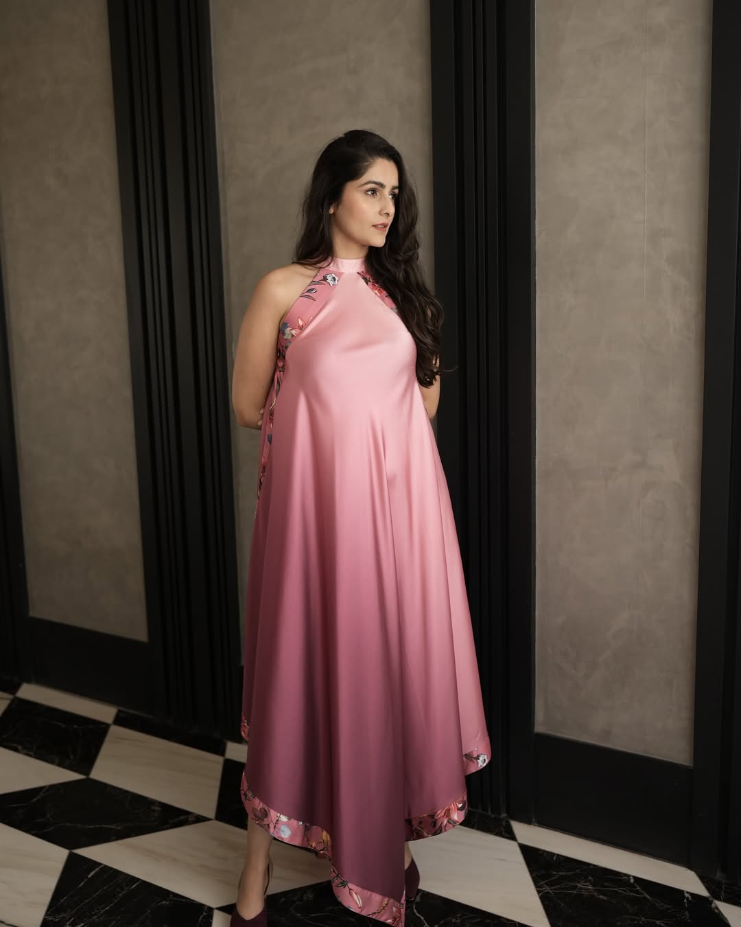 Ombre Crimson Satin Halter Neck Dress