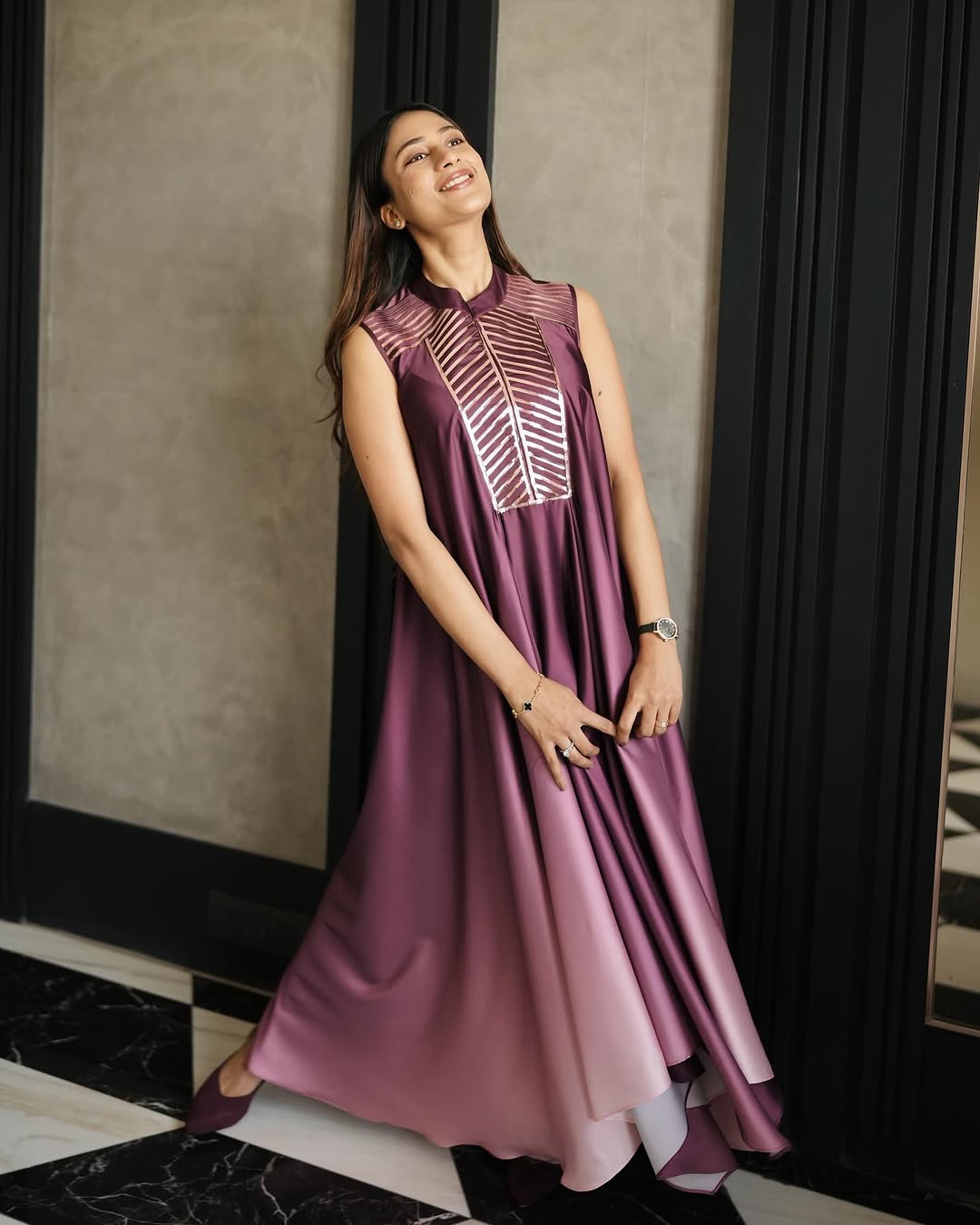 High-low satin dress with sleeveless cut and sequin detailing