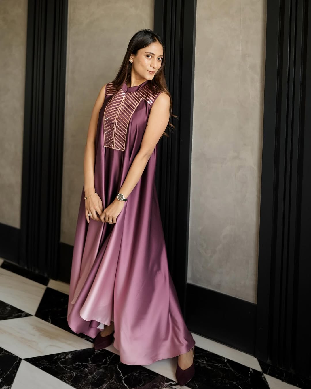 Isabella plum satin dress with sequin yoke by Prisella