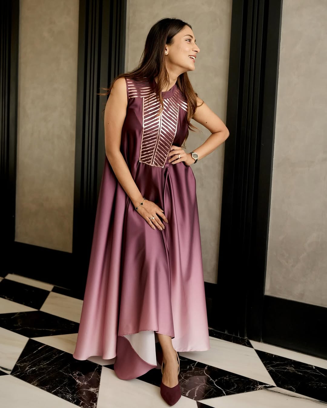 Plum satin midi dress with geometric sequin panel on yoke