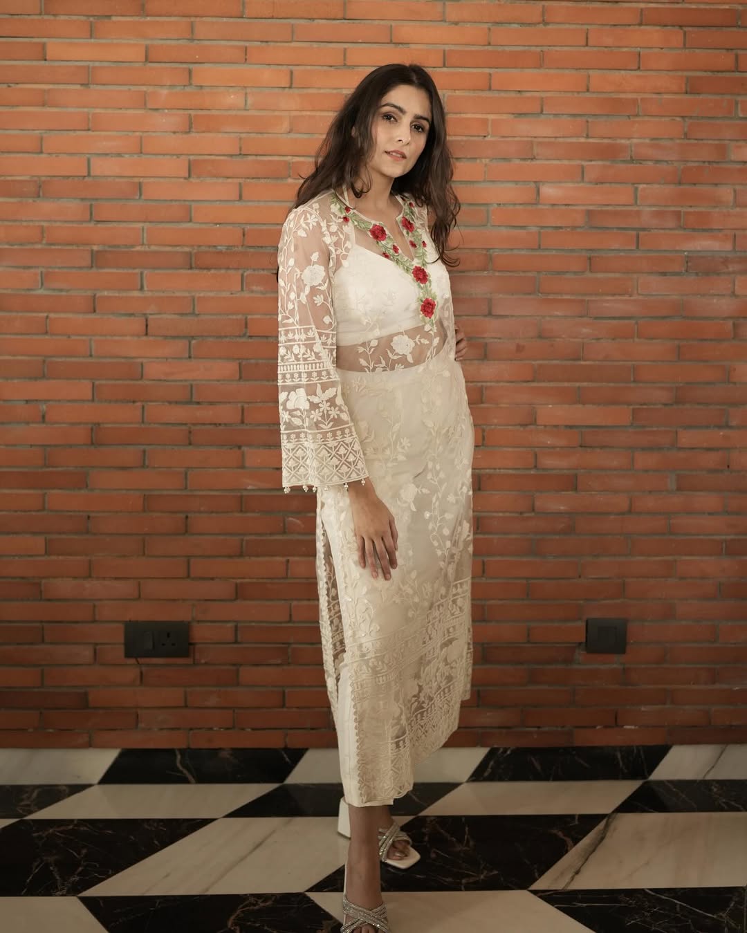 Dark Beige Net Shirt adorned with Delicate Rose Motifs along with Cotton Silk Bandeau & Pants Co-Ord Set