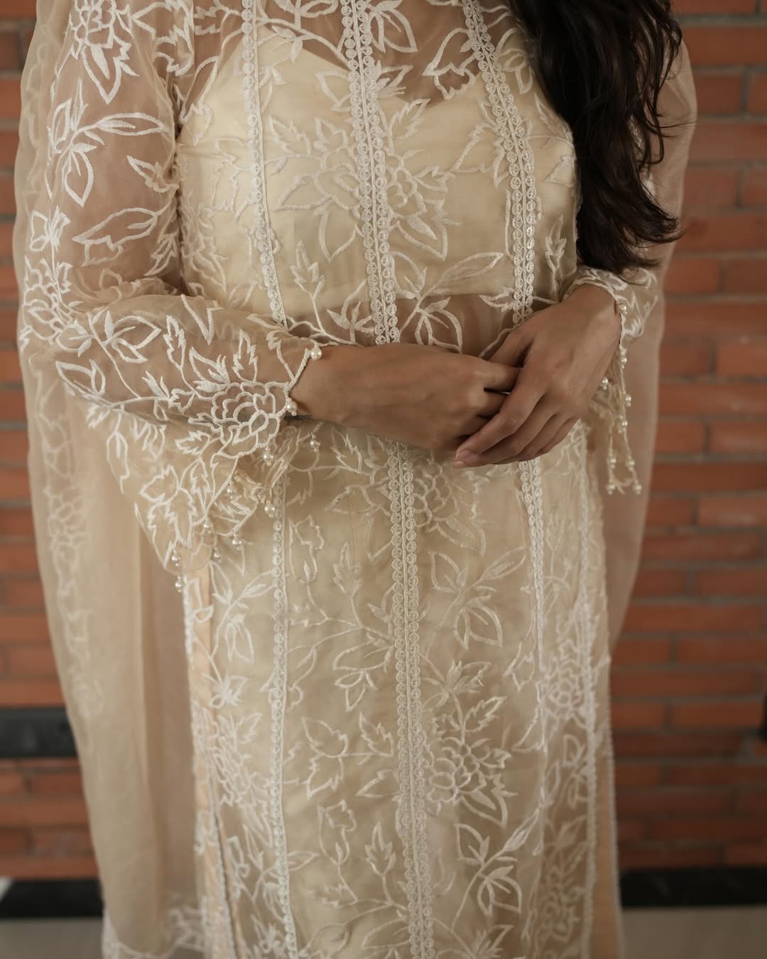 White Organza Top With Bandeau, Pants and Dupatta