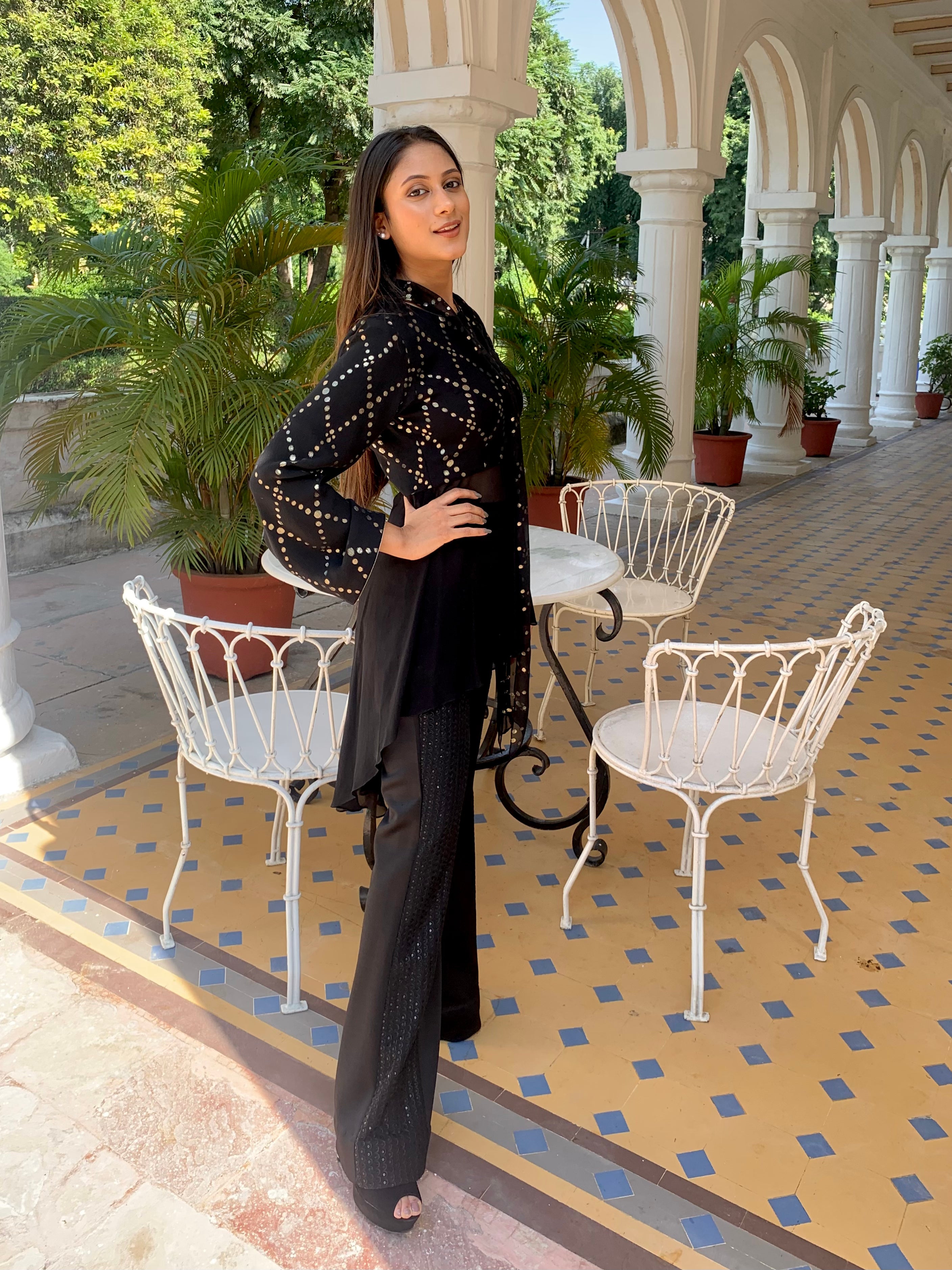 Flowy party coord with embellished shirt and wide-leg pants