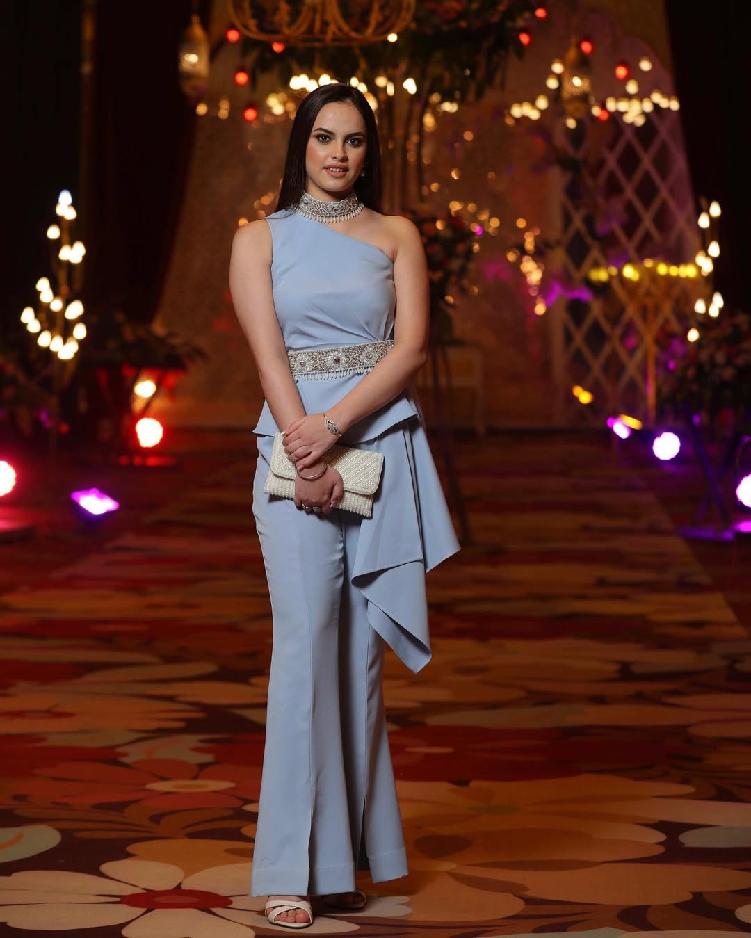 Moonlight blue one-shoulder draped coord with embellished belt