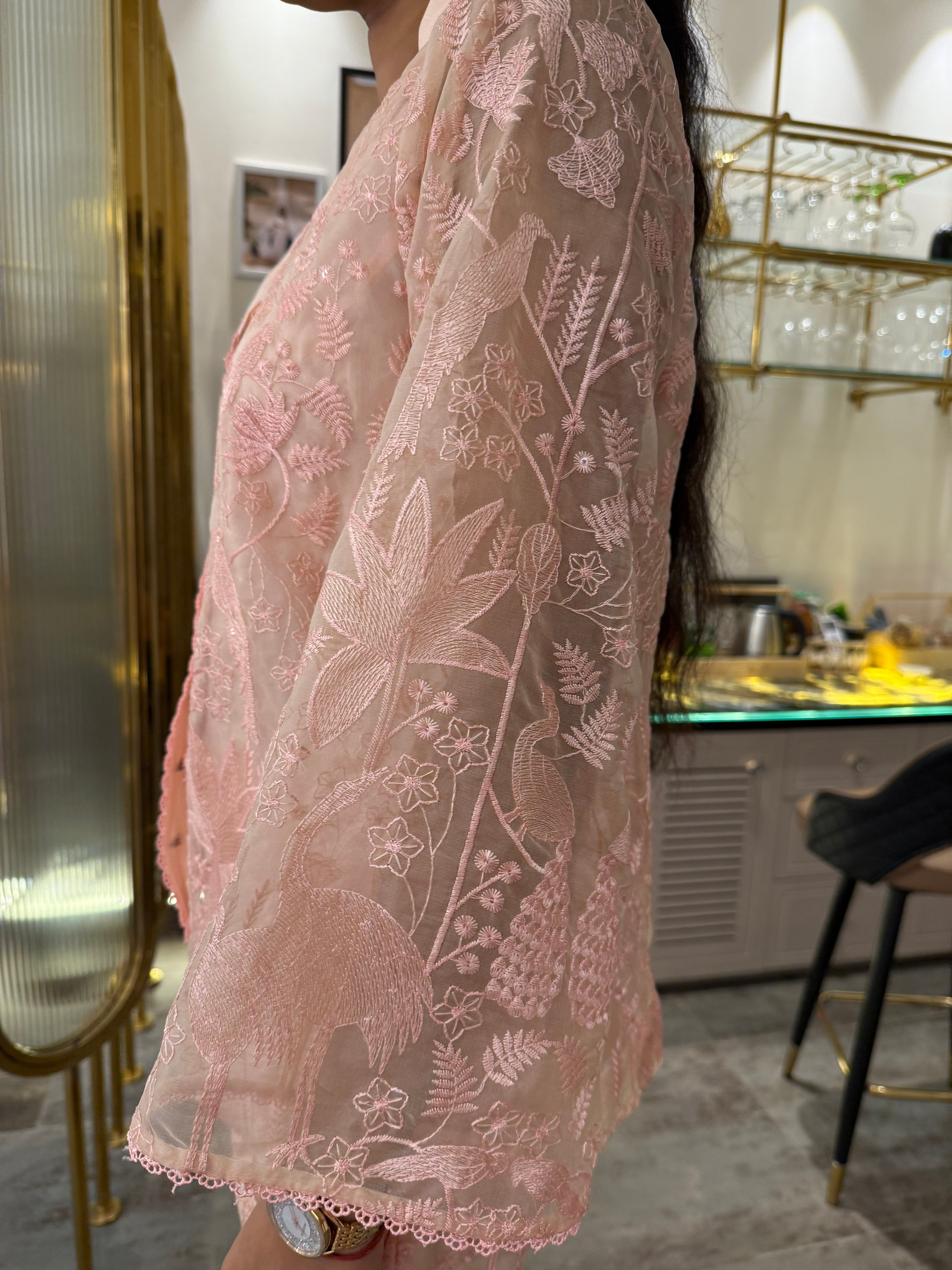 Soft Peach Embroidered Organza Coord Set