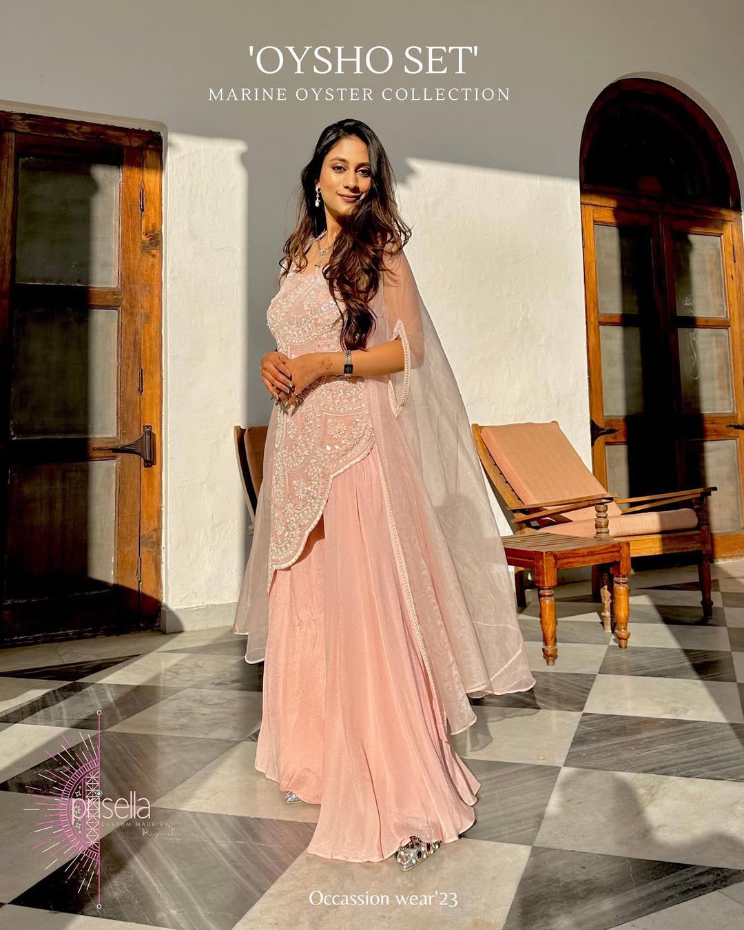 Hand-beaded pastel pink crepe dress with sheer organza cape