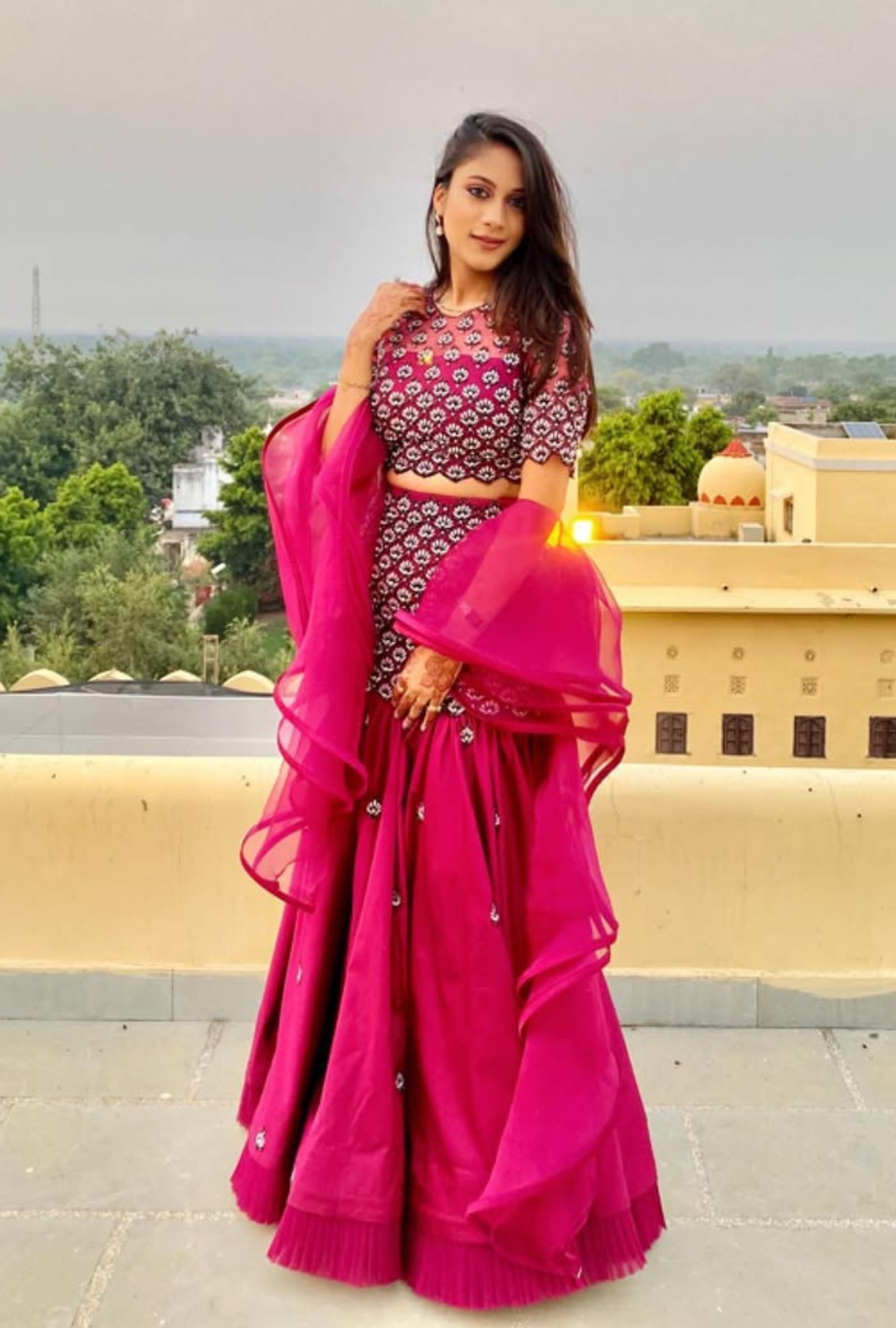 Mirror embroidered Indian lehenga outfit with sheer dupatta