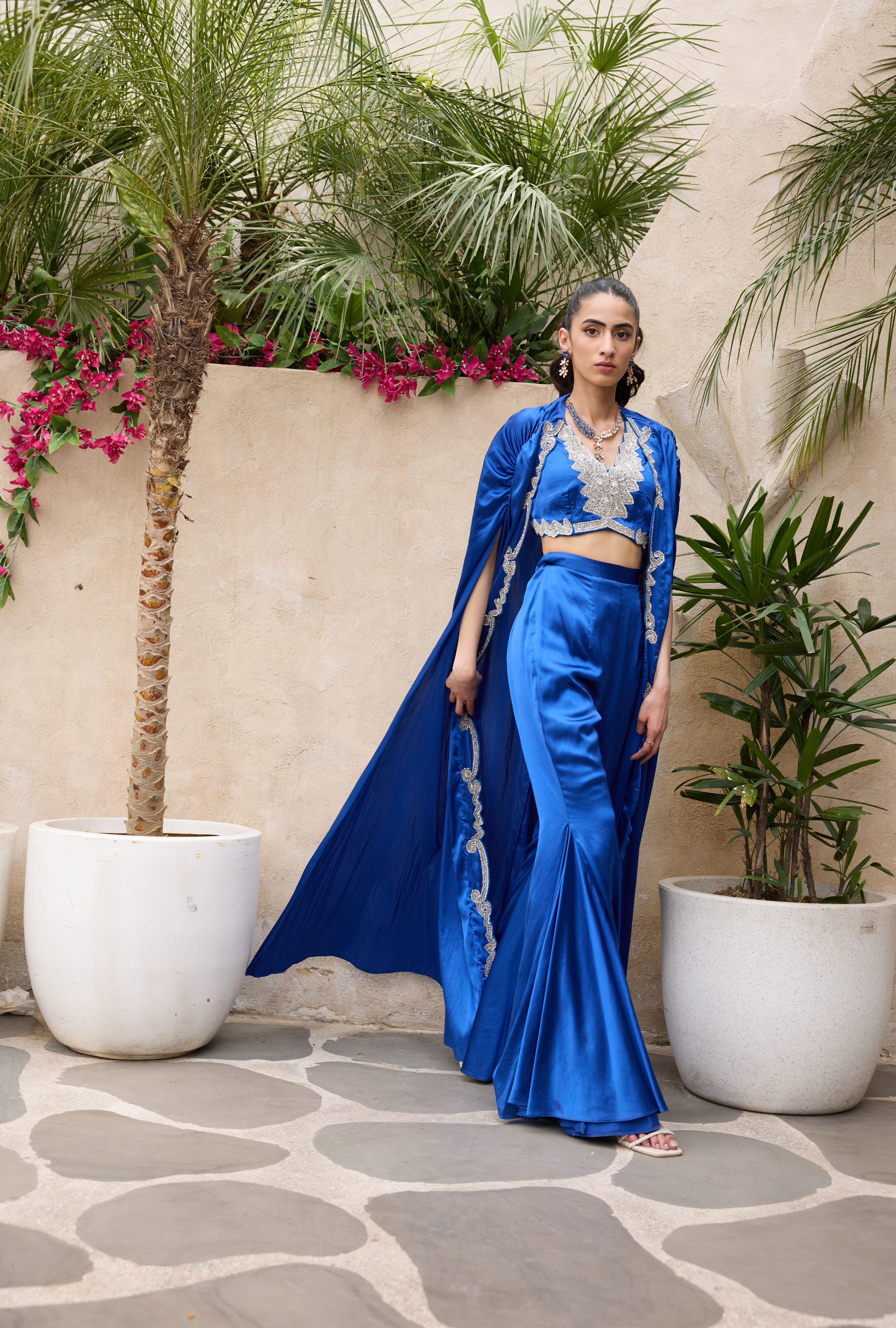 Designer Indian wear for women with cape sleeves and flared pants
