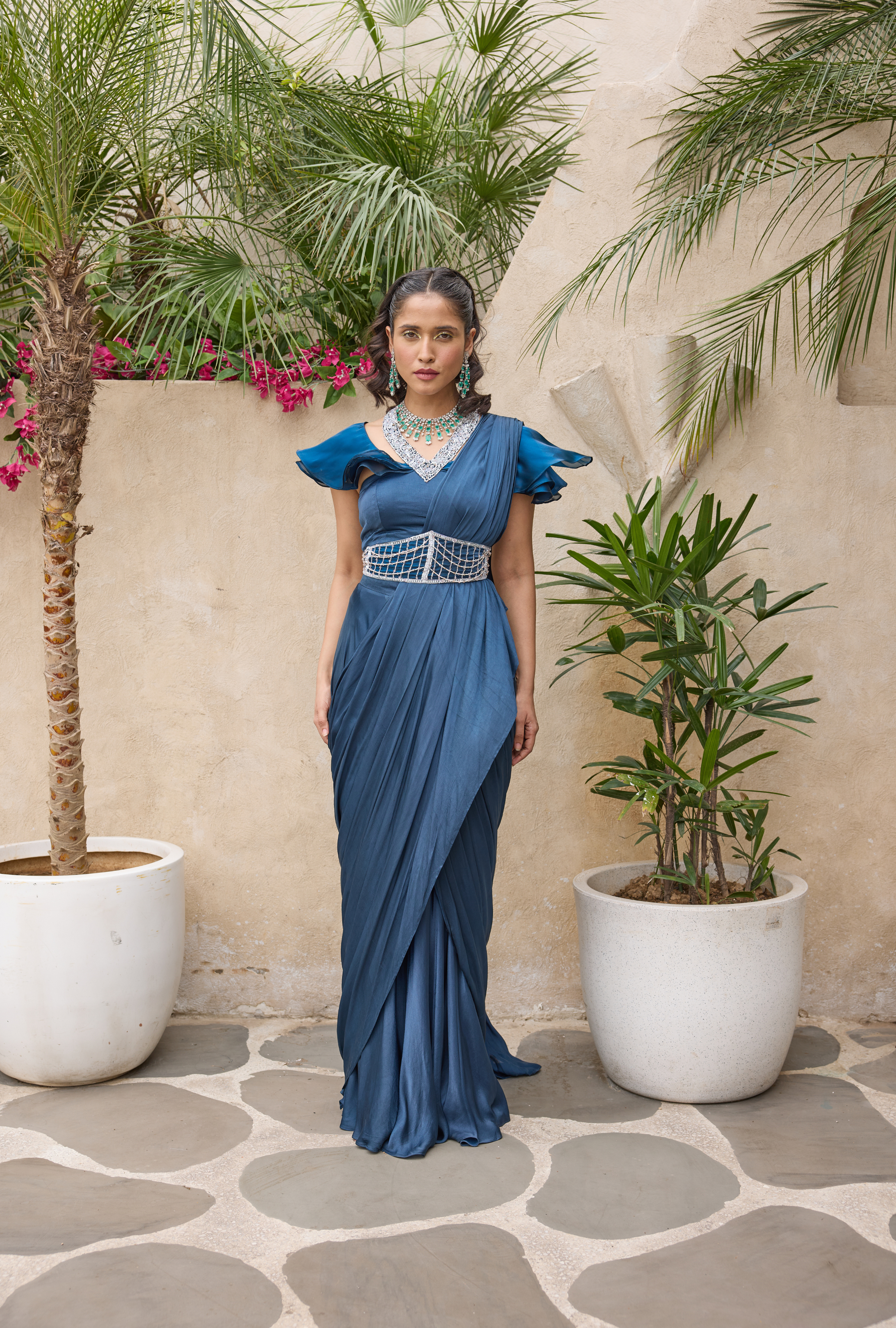 Elegant blue saree for women featuring fusion ethnic wear