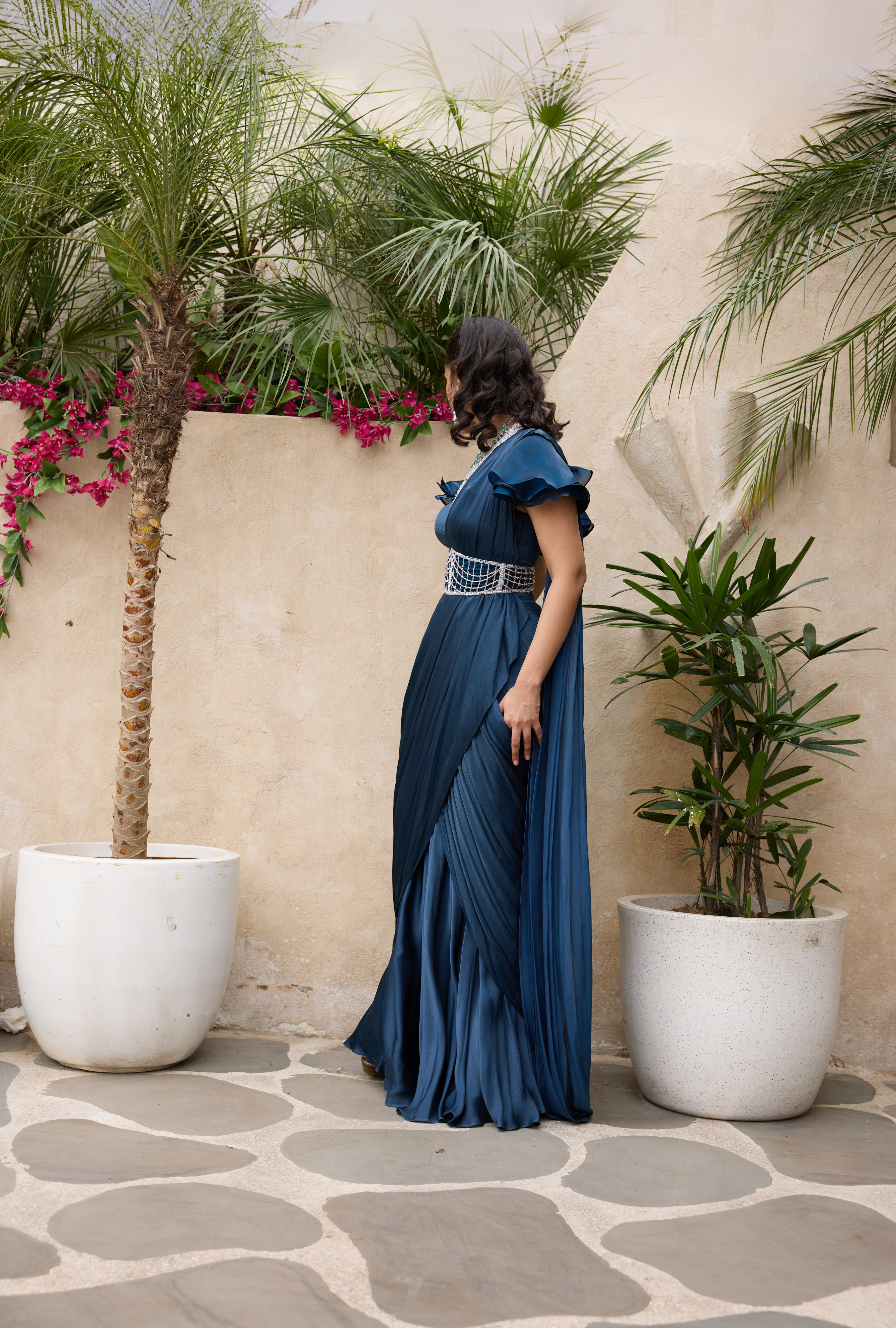Designer Indian dress with pleated drape and statement belt