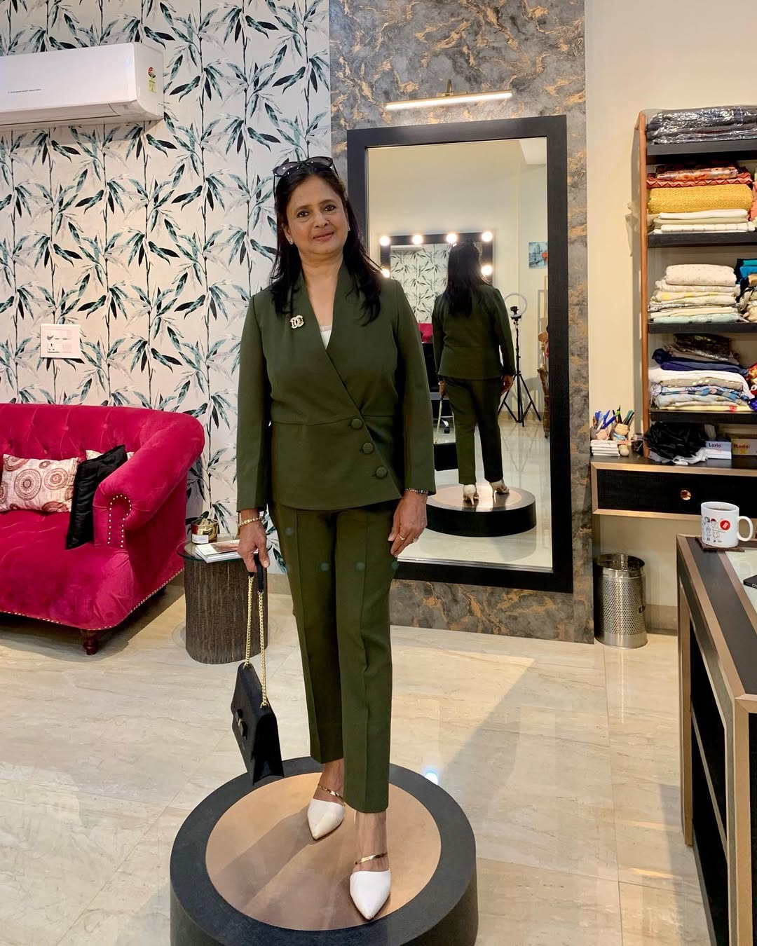 Elegant formalwear Olive green blazer-style coord set with overlap detailing