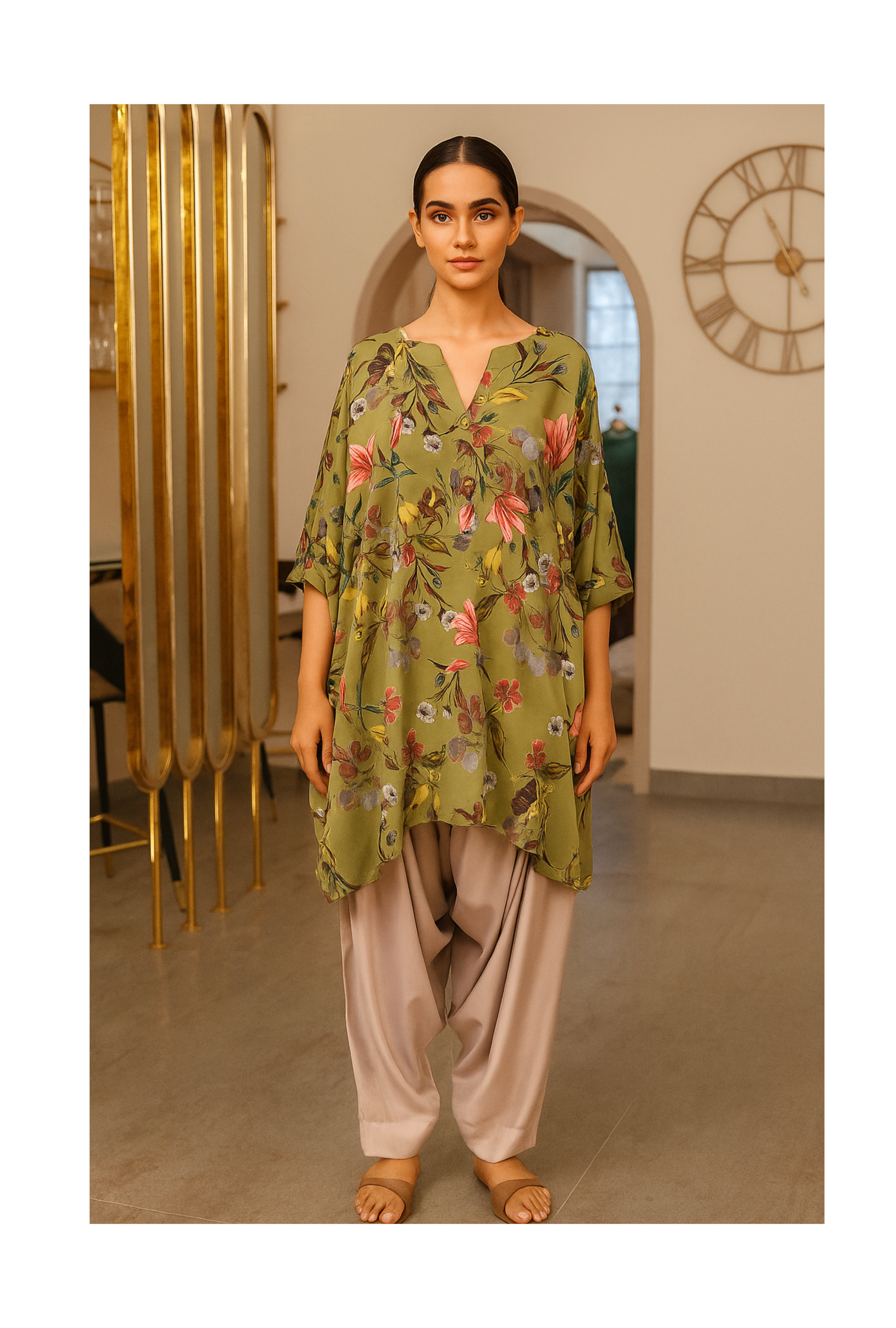 Model in olive green floral printed tunic paired with beige draped dhoti pants—ideal for festive mornings, casual elegance, daily wear and summer brunch looks.
