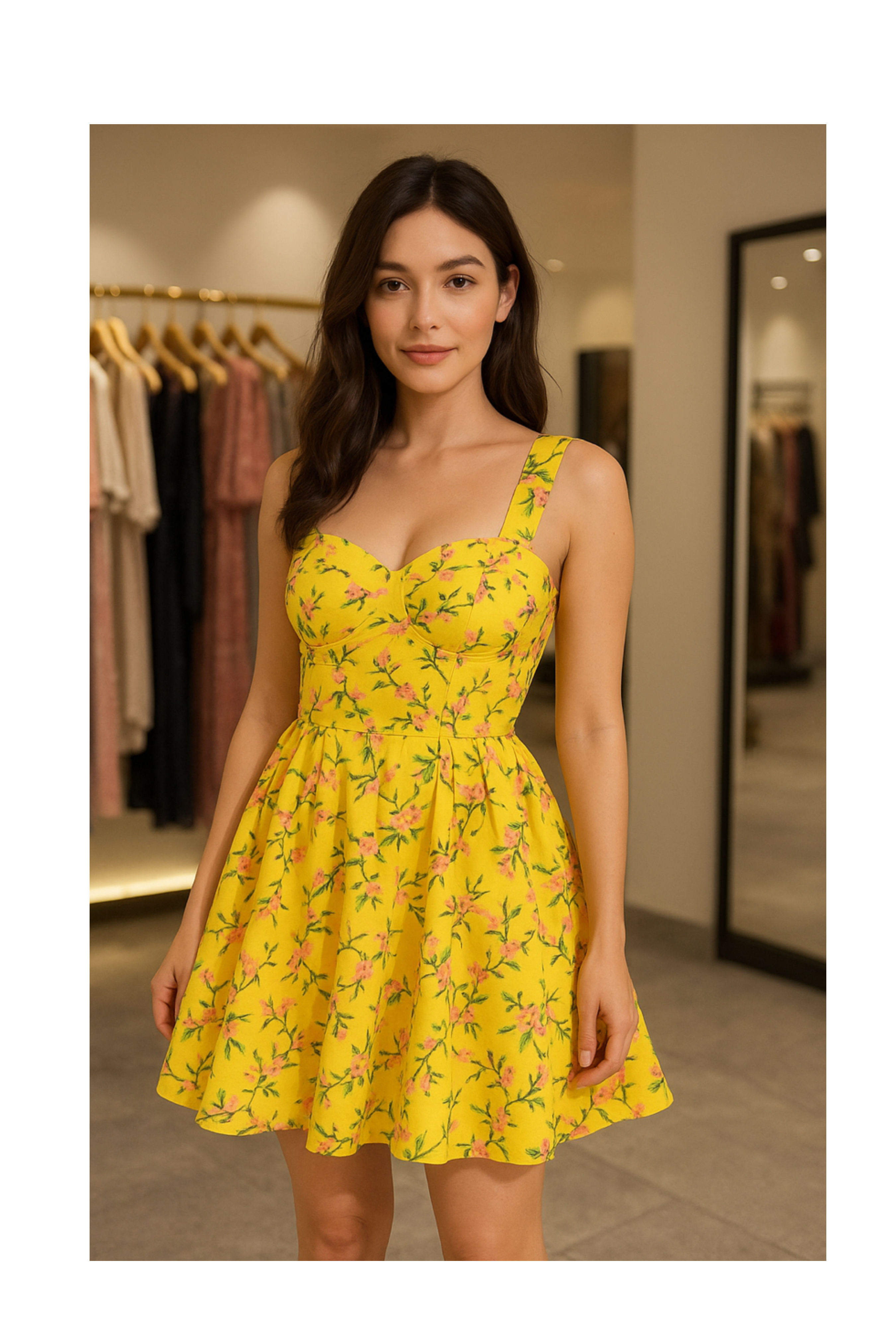 Woman wearing bright yellow floral fit and flare mini dress from Prisella