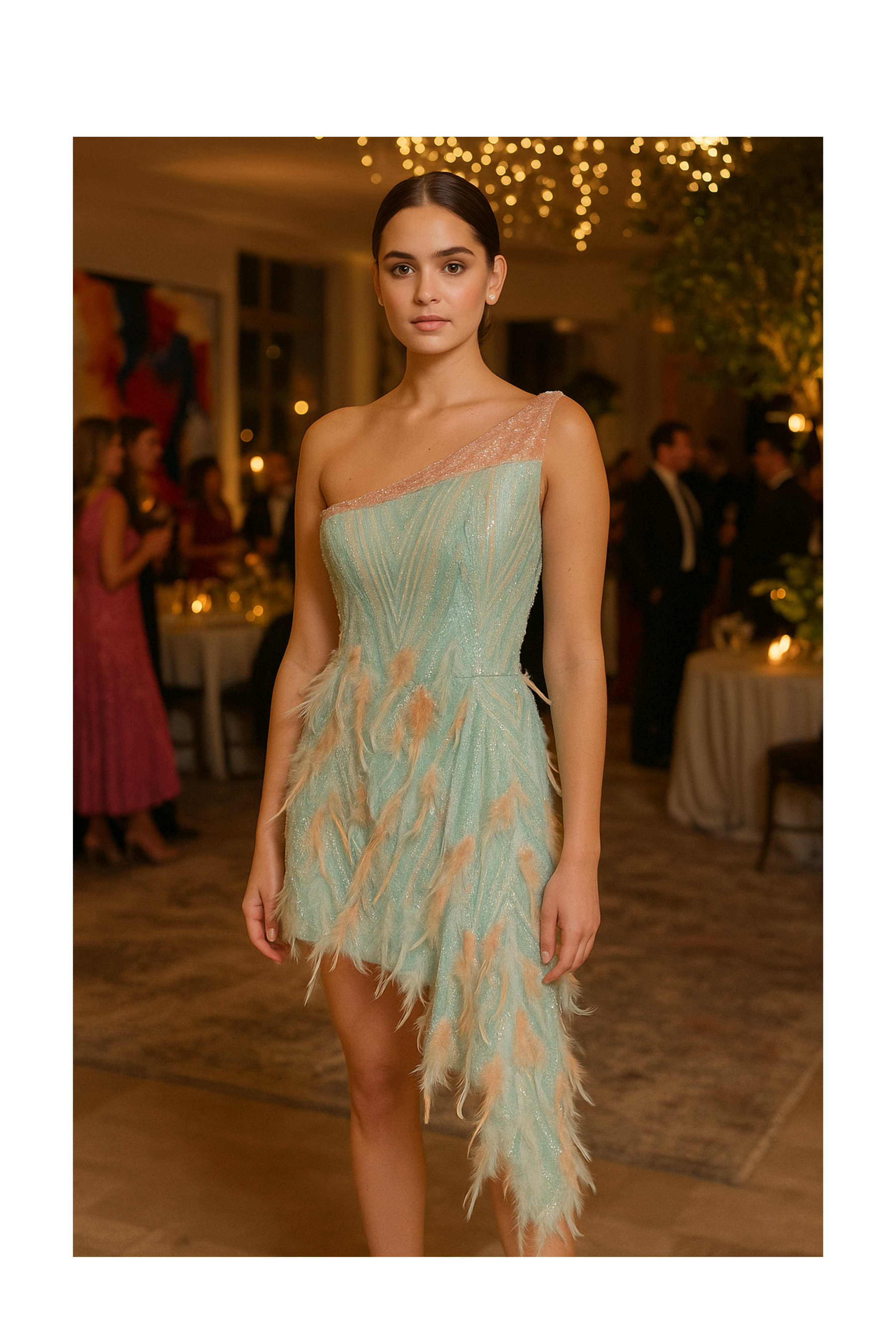 Model wearing a mint green one-shoulder mini dress by Prisella, detailed with shimmer and feather appliqués