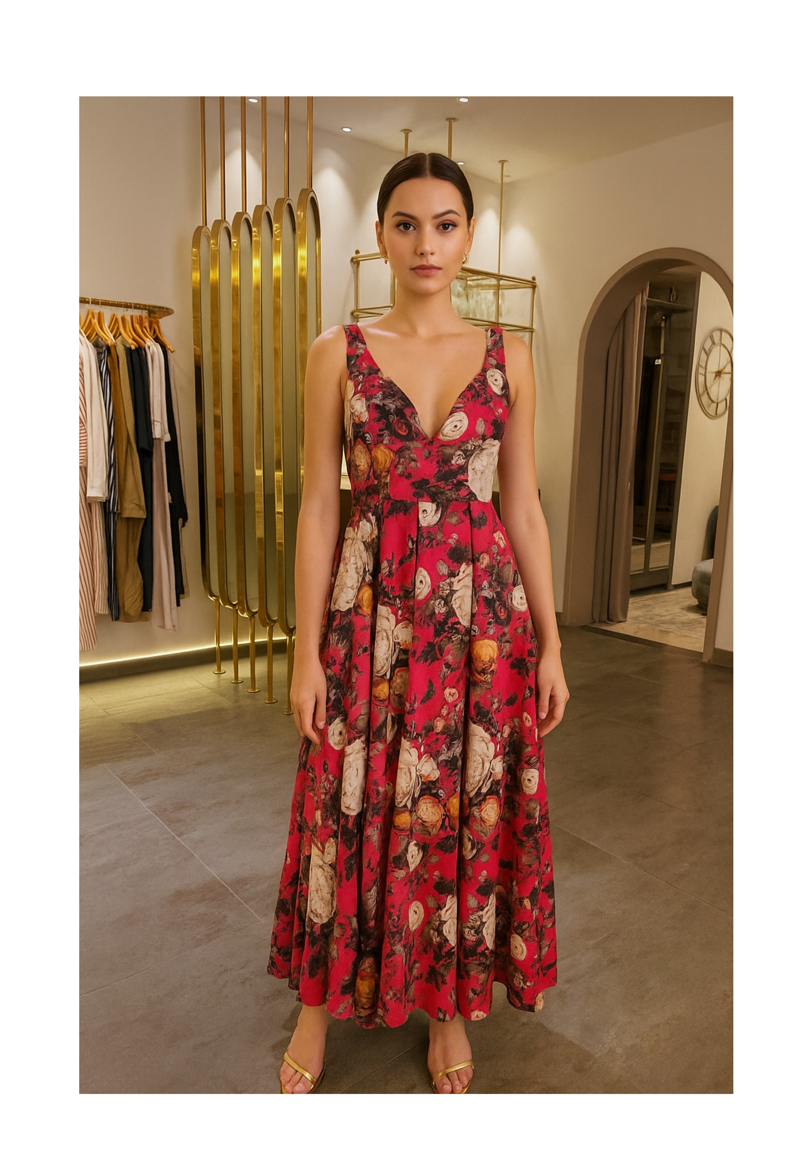 Model wearing a red sleeveless maxi dress by Prisella with a deep V neckline and vintage floral print