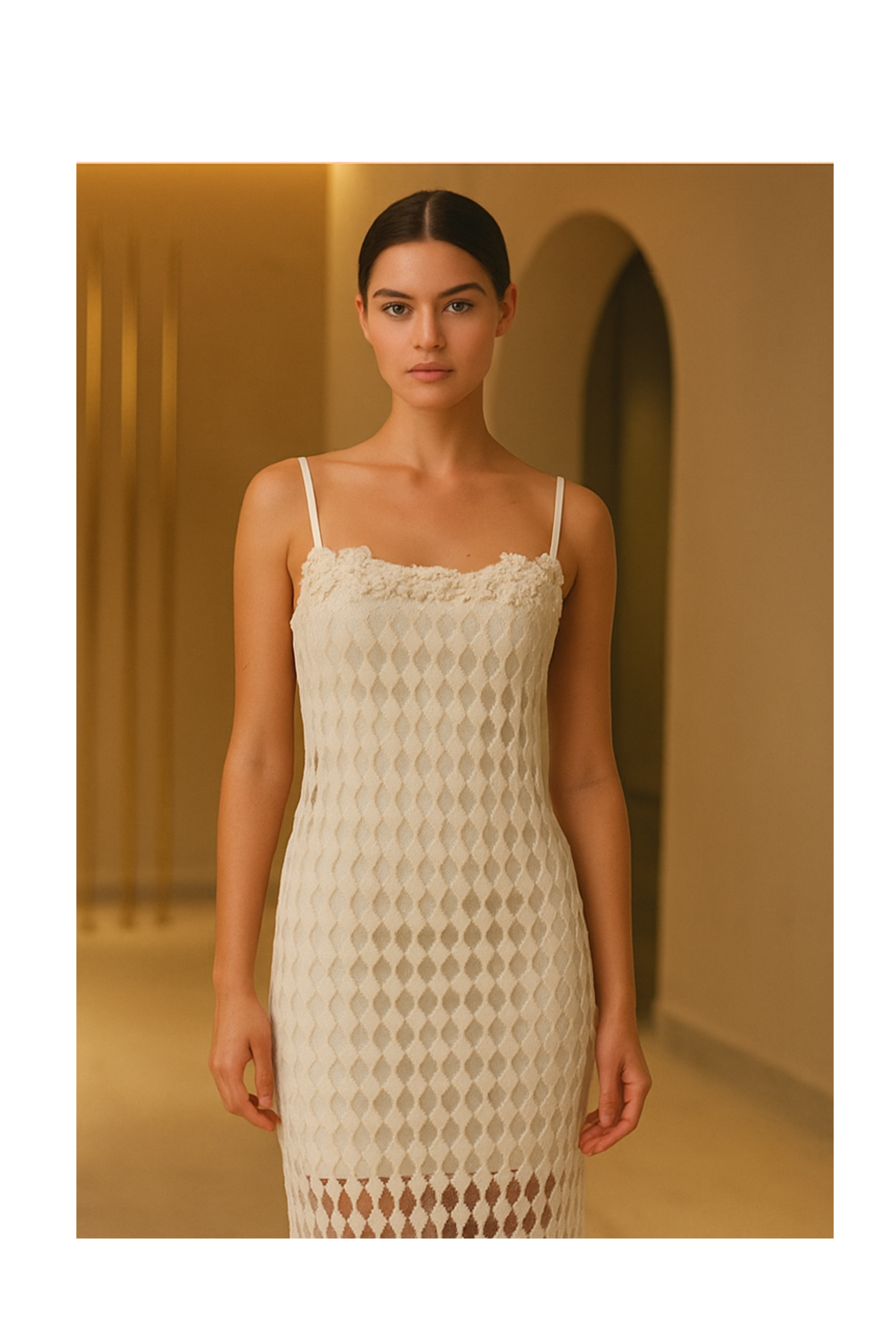 Ivory Net Long Dress with Slit