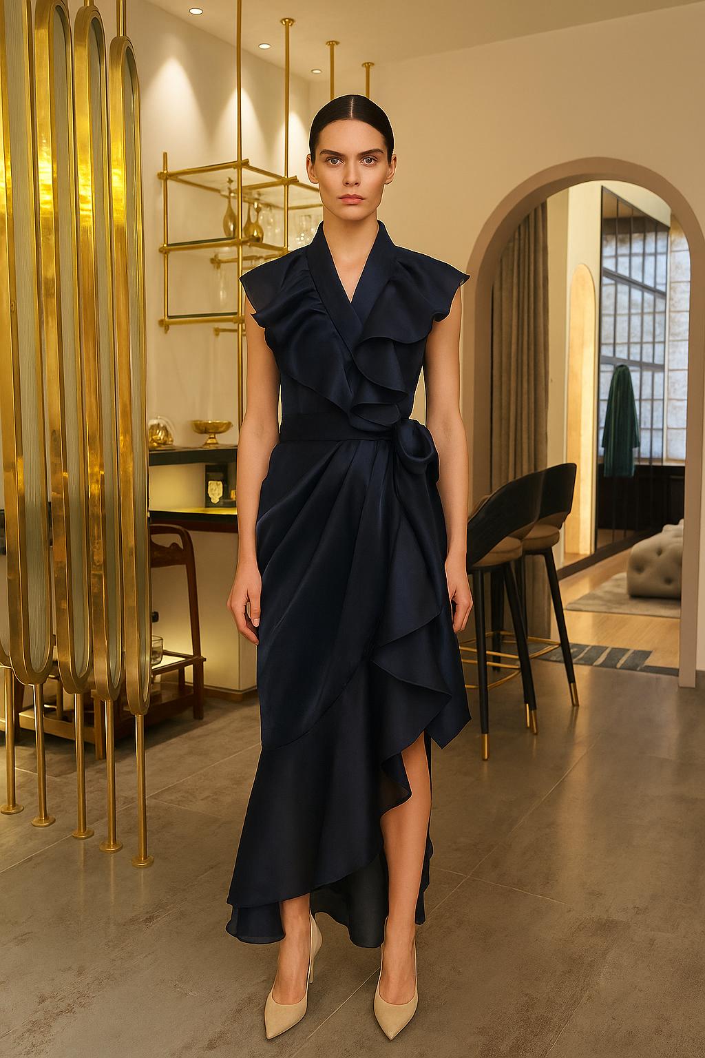 Woman wearing a navy ruffled wrap dress in glazed organza by Prisella