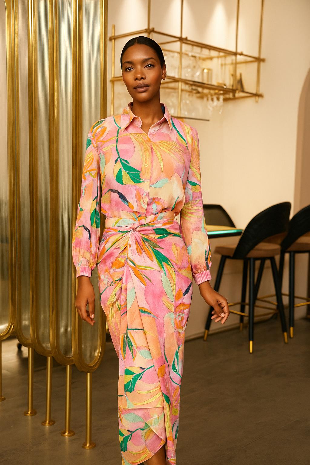 Model wearing Prisella tropical pink floral shirt and draped skirt coord set for women
