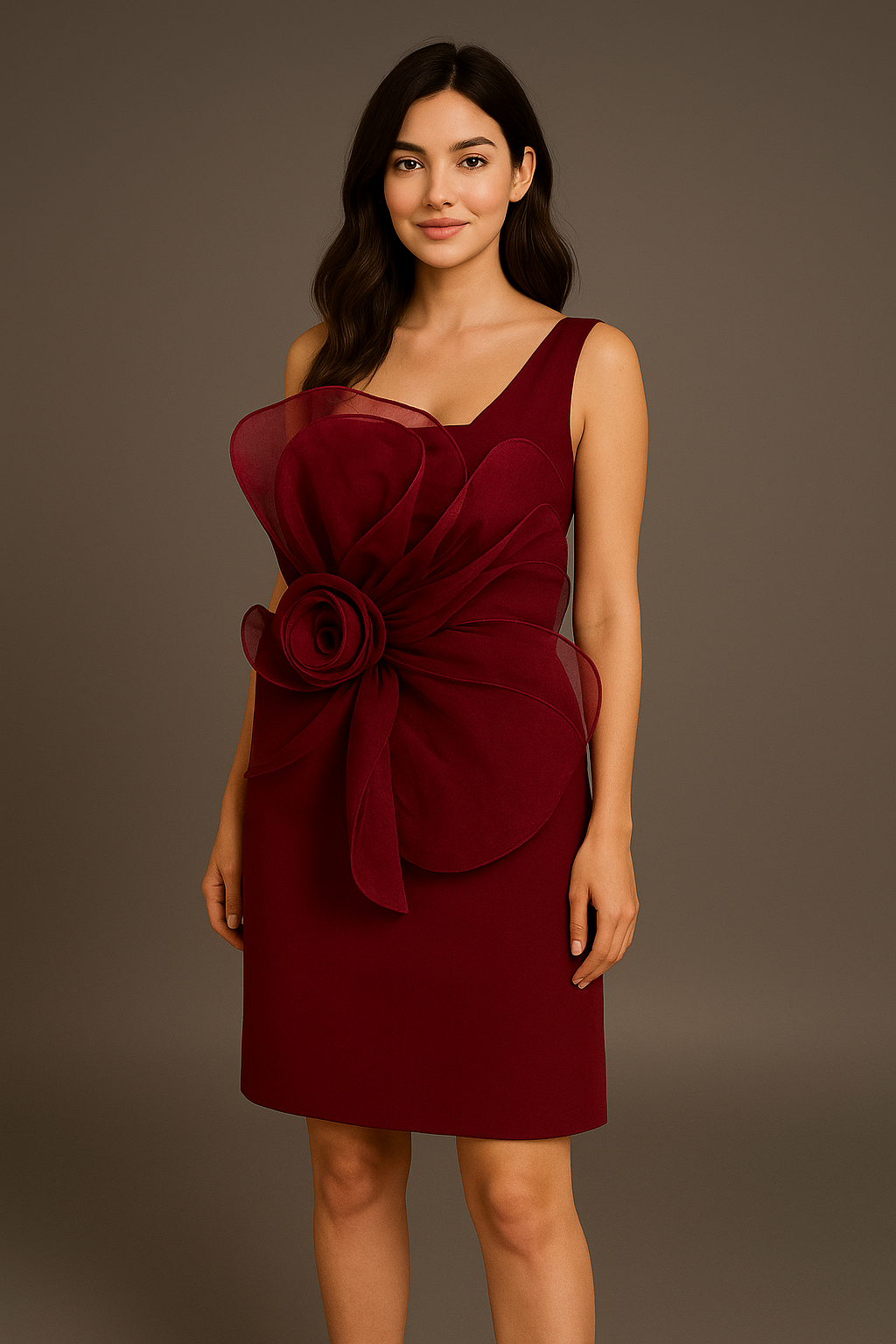 Prisella model in wine red Italian crape floral appliqué dress – perfect for cocktail, festive, and wedding occasions