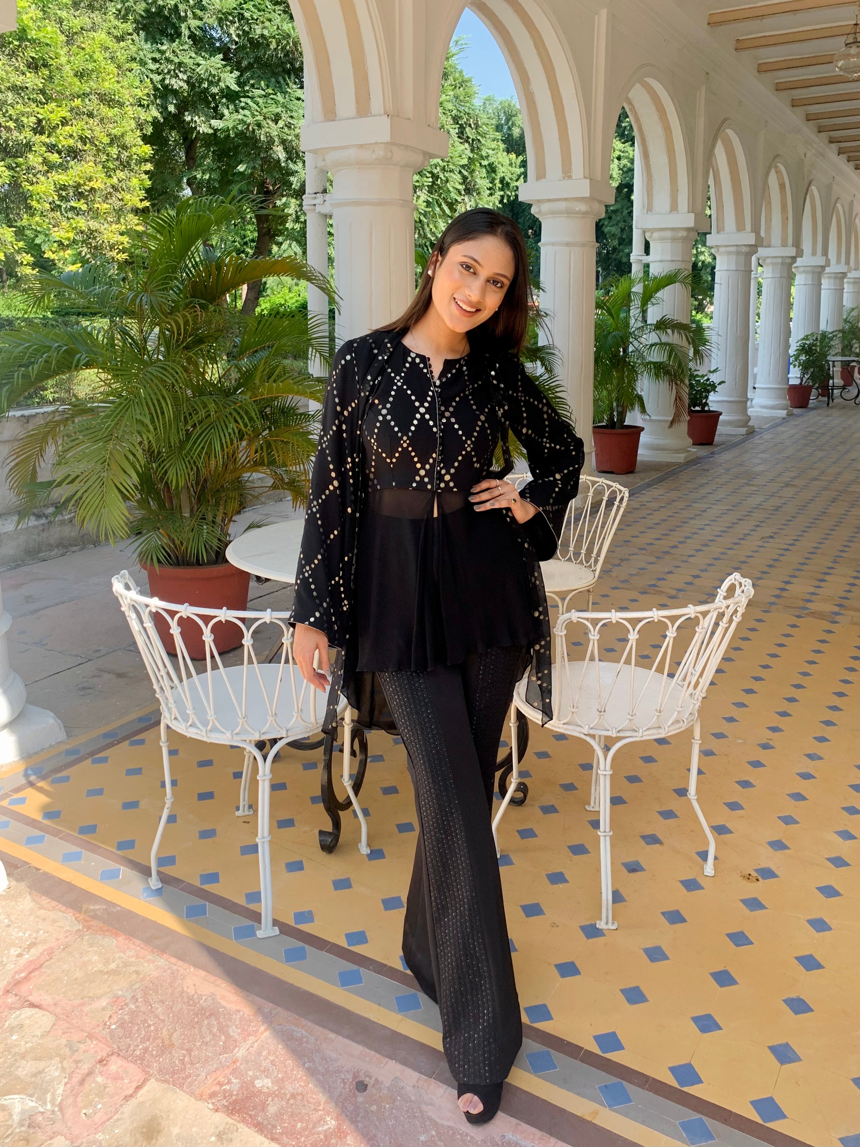 Black embellished coord set with sheer pearl-studded shirt